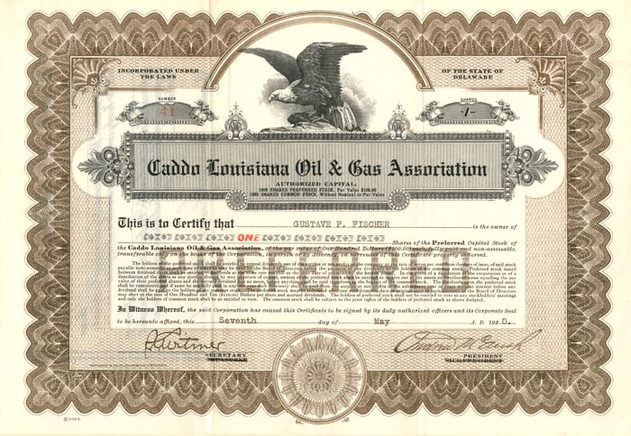 Caddo Louisiana Oil And Gas Association Stock Certificate